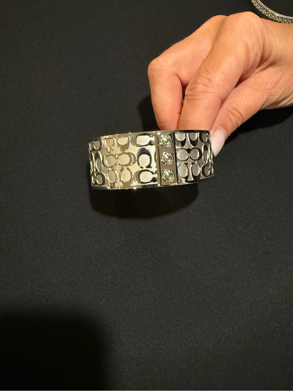 Coach Silver Signature Logo Hinged Cuff Bracelet Crystal Bangle